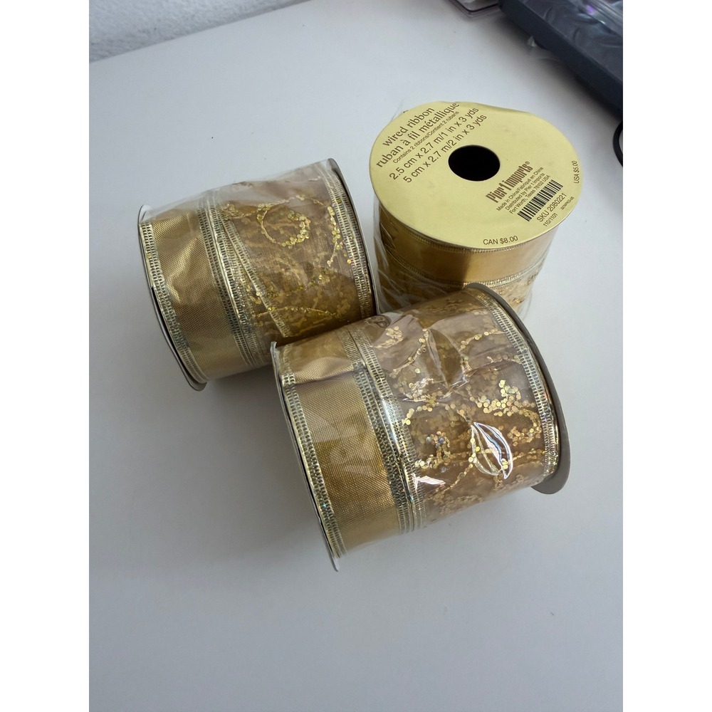 Pier 1 Imports Gold Metallic Wired Ribbon Set 3 Spools Glitter Sheer 3yds